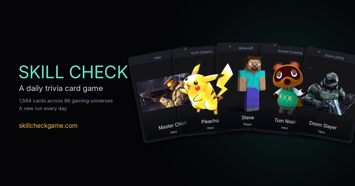 Illustrated Skill Check cards featuring Master Chief, Pikachu, Steve, Tom Nook and Doom Slayer
